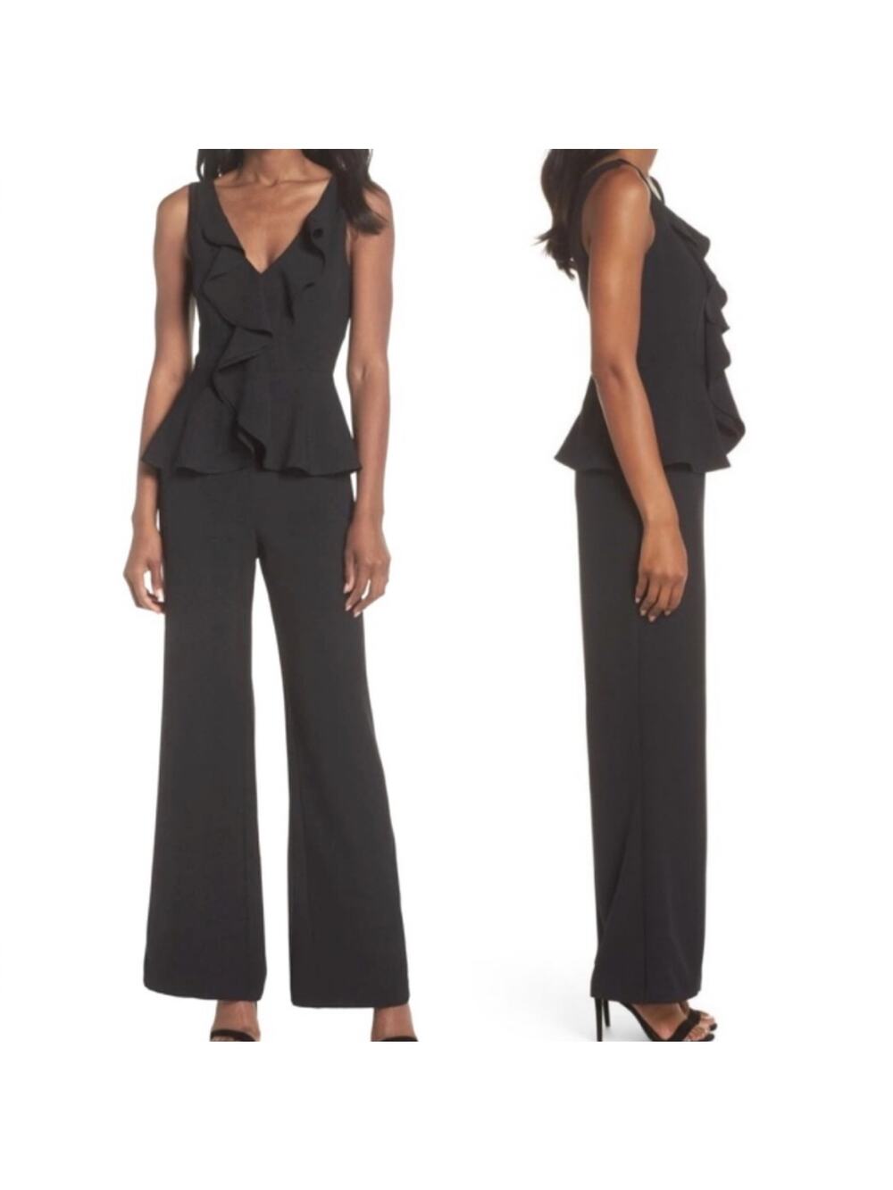 Eliza J Ruffled Peplum Jumpsuit V Neck Sleeveless Wide Leg Black Womens 12